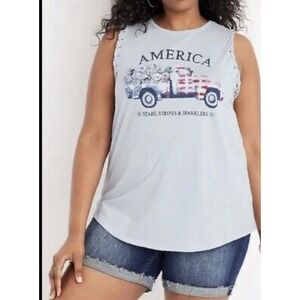 Maurices Womens Patriotic America USA Truck Tank Top‎ Blue Jersey Knit Size 2XL